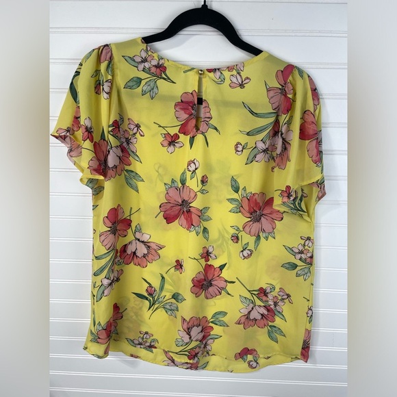 Lily White Yellow Floral Short Sleeve Keyhole Neck Sheer Blouse XL Women’s EUC - Picture 2 of 9